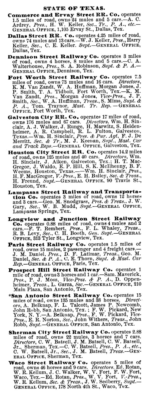 Texas Street Railways in 1886