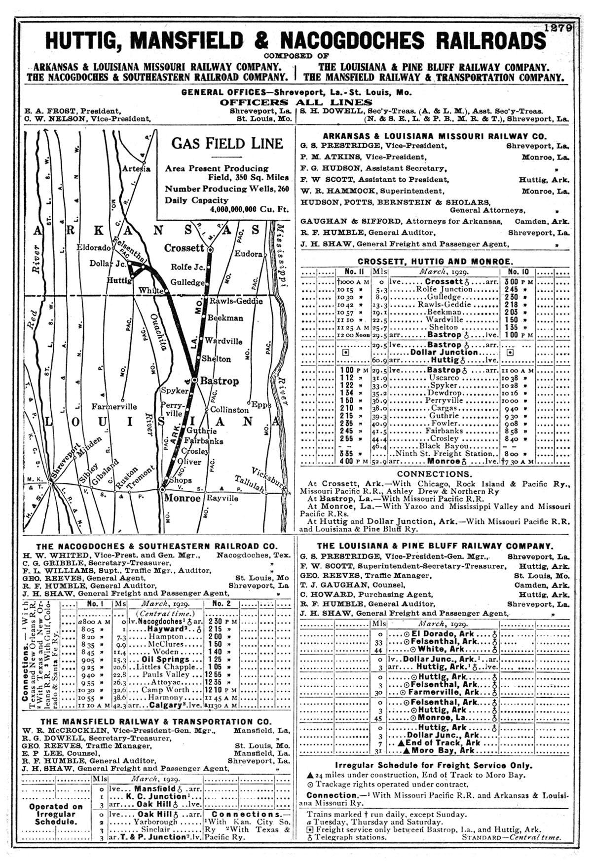 Arkansas, Louisiana & Missouri Railway Company (La.), Timetable Map Showing Route and Schedule in 1929.