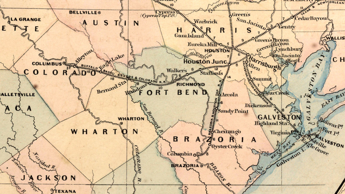 Buffalo Bayou, Brazos & Colorado Railroad Company (Tex.), Map Showing Route in 1871.