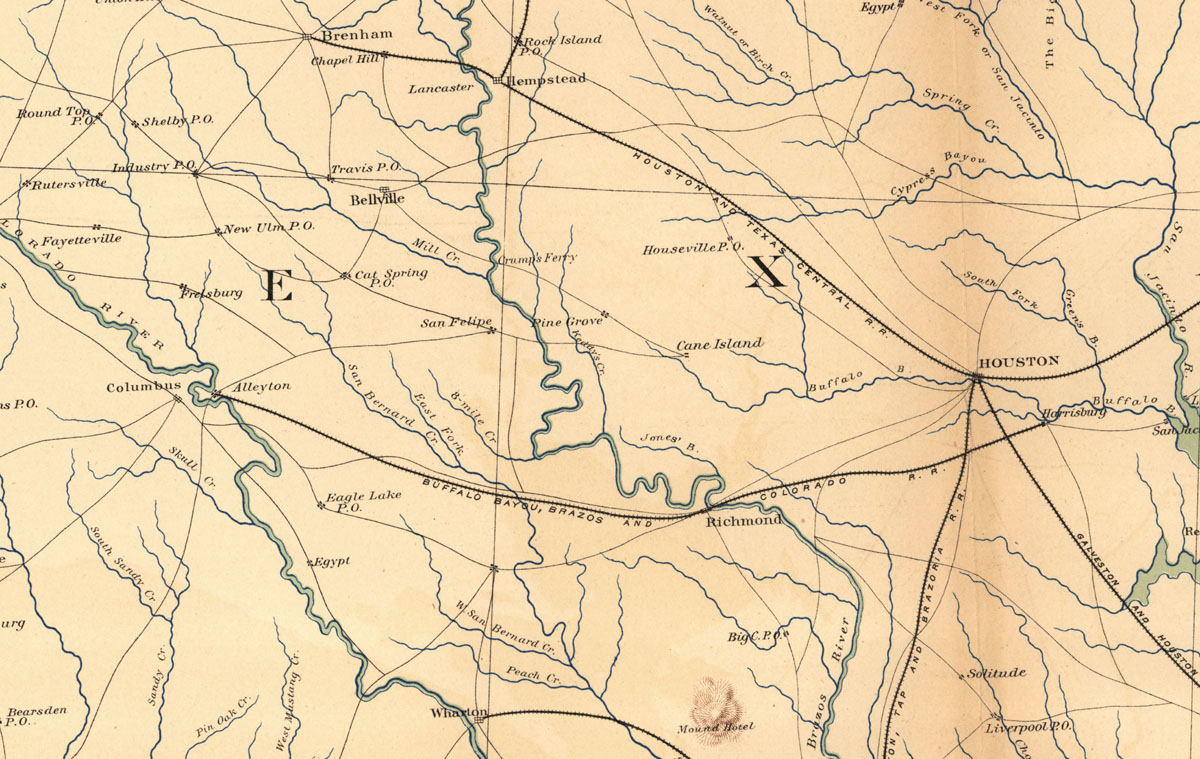 Buffalo Bayou, Brazos & Colorado Railway Company (Tex.), map showing route circa 1865.