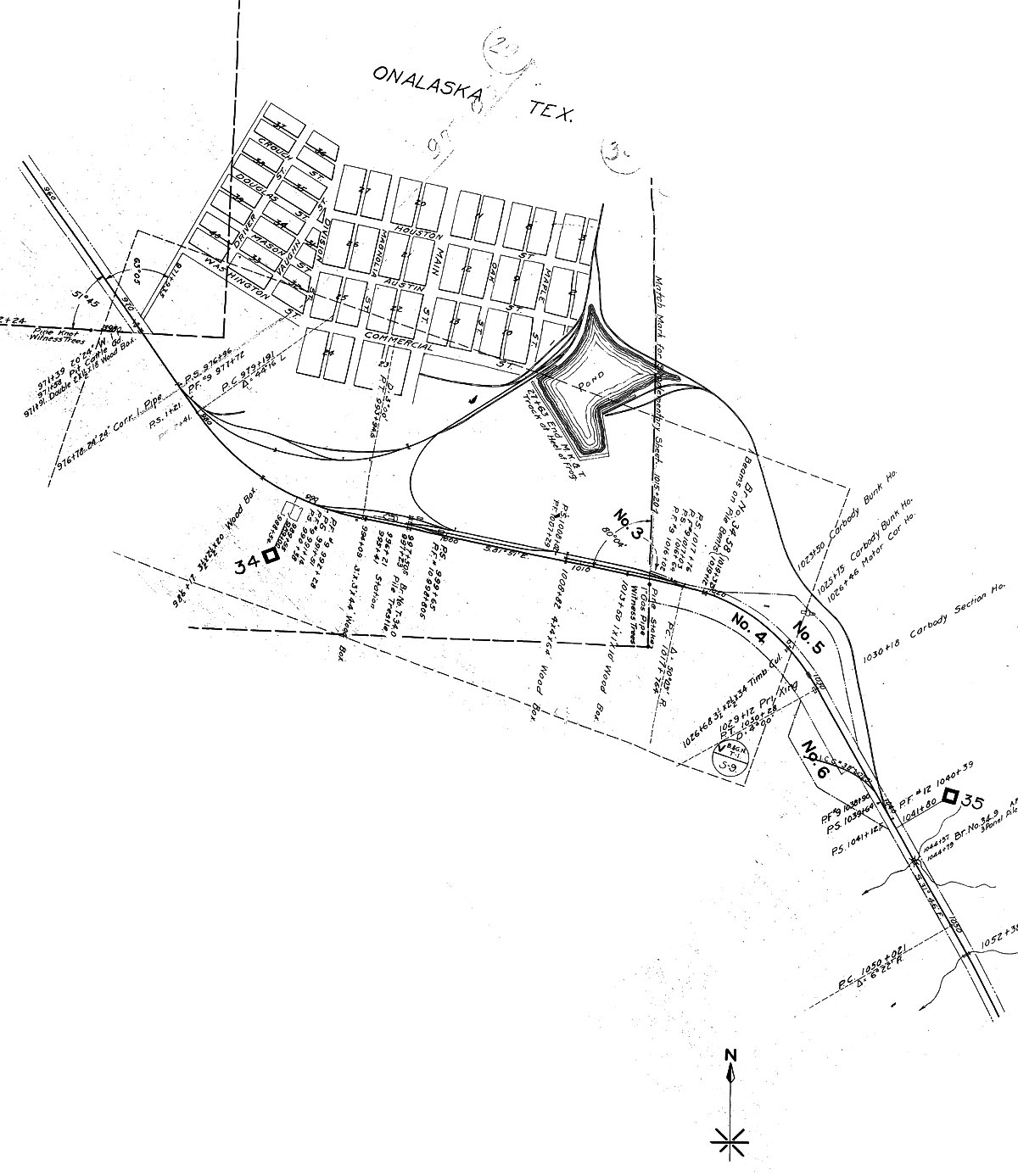 Beaumont & Great Northern Ry. (Tex.), map showing station layout at Onalaska, Texas in 1918.