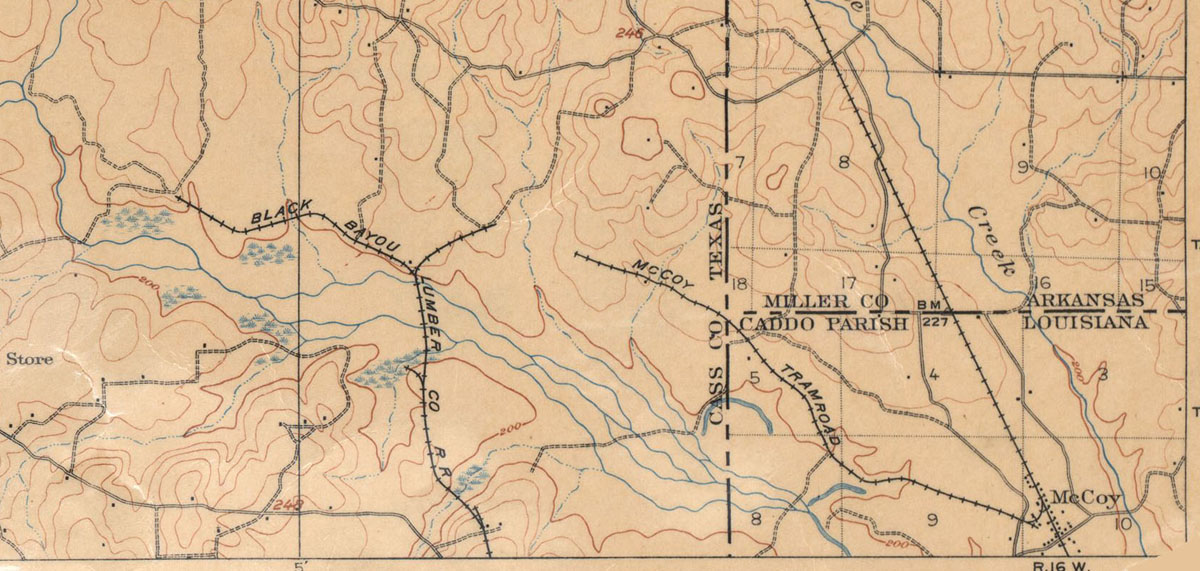 Black Bayou Railroad Company (La., Tex.), Map Showing Trams in Northern Cass County, Texas in 1907.