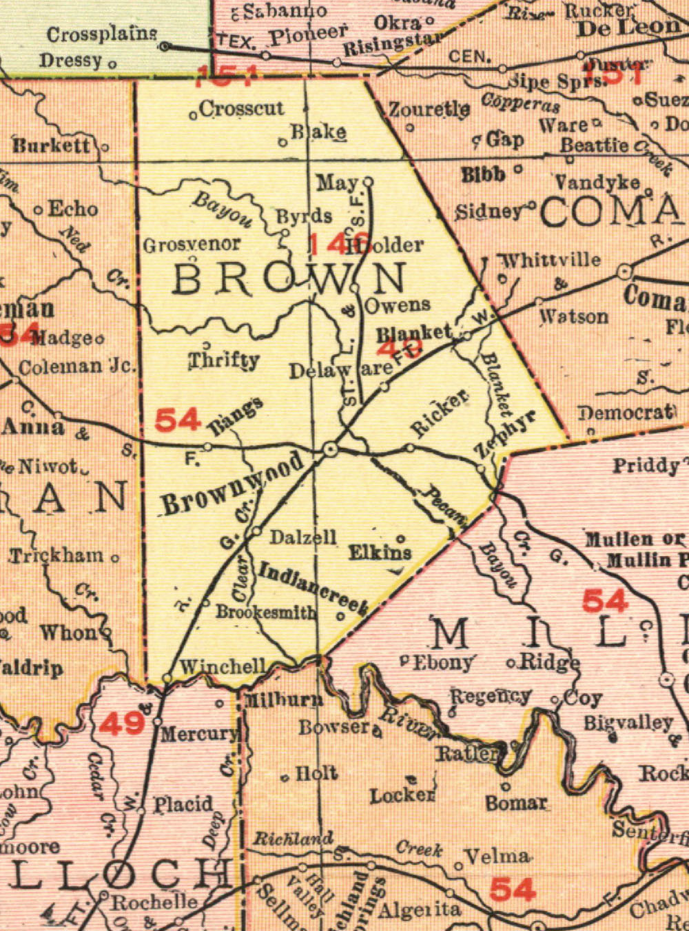 Brownwood North & South Texas Railway Company, map showing route in 1912.