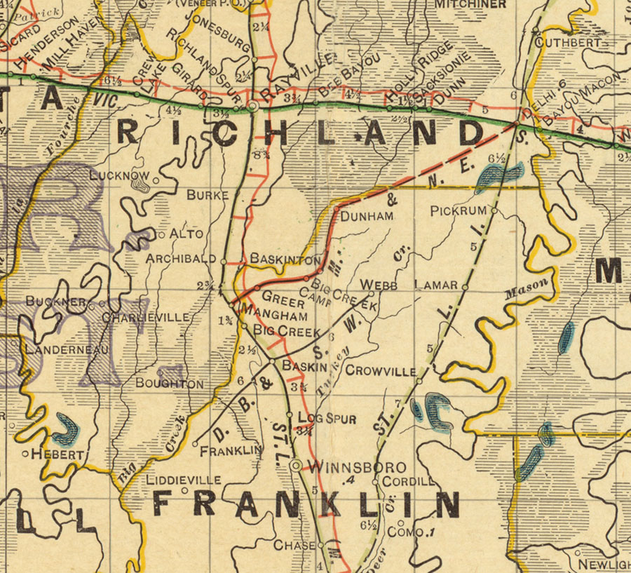 Delhi, Baskin & Southwestern Railway Company (La.), Map Showing Route in 1913.