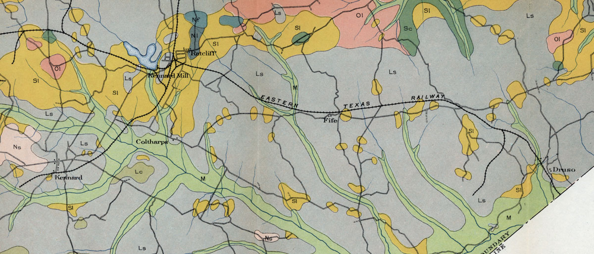 Eastern Texas Railroad Company, Map Showing Route from Druso to Kennard in 1905.