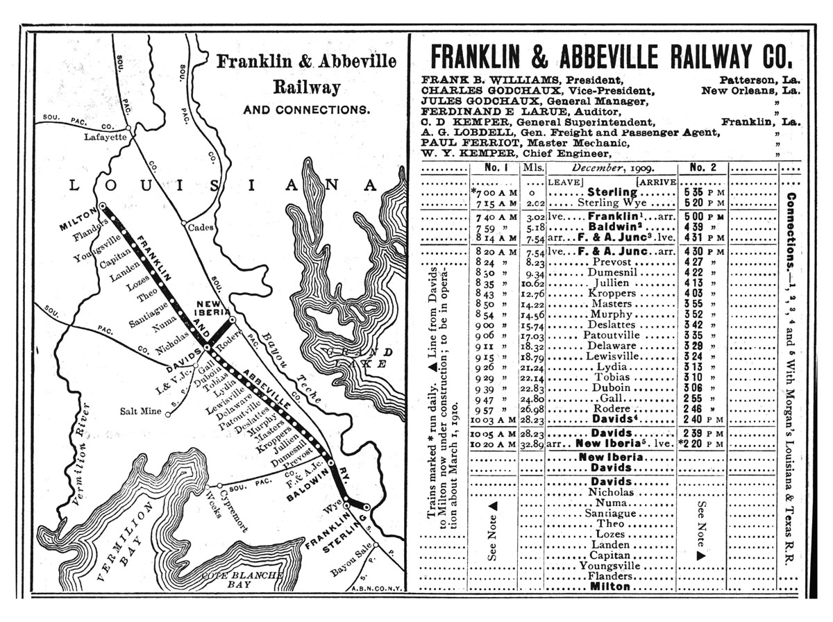 Franklin & Abbeville Railway Company (La.), Public Timetable Map Showing Route in 1910.