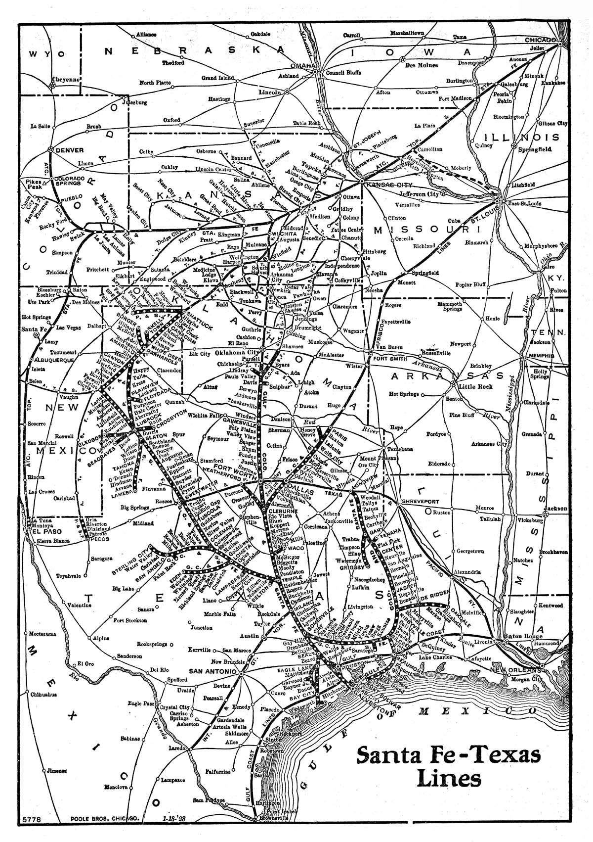 Gulf, Colorado & Sante Fe Railway, Map Showing Route in 1929.