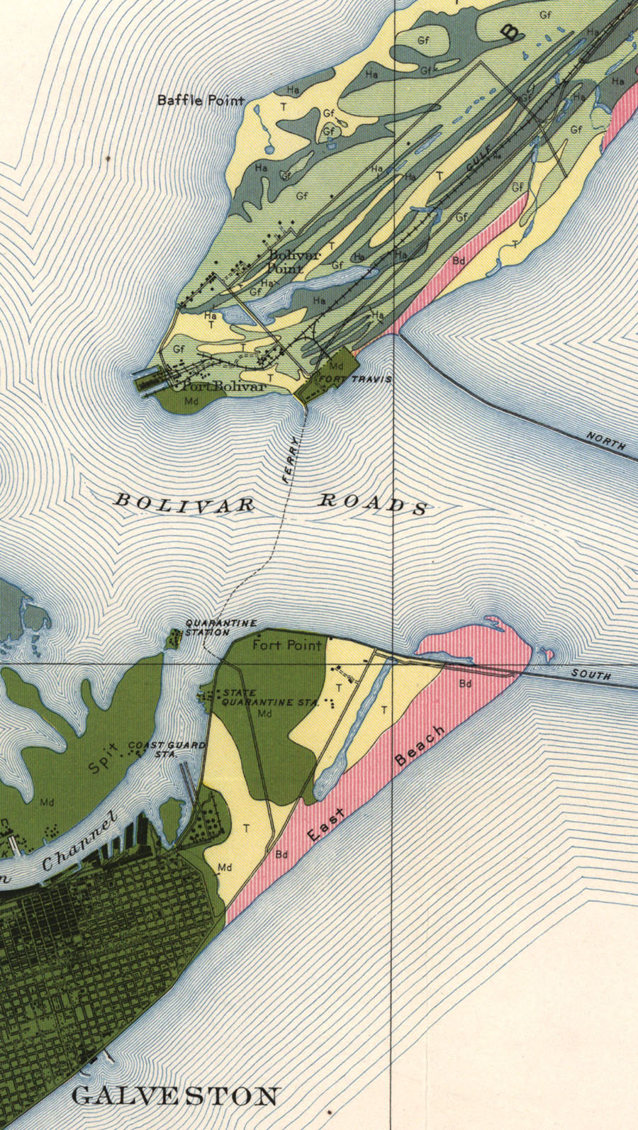 Galveston-Port Bolivar Ferry, map showing route between Port Bolivar and Galveston in 1935.