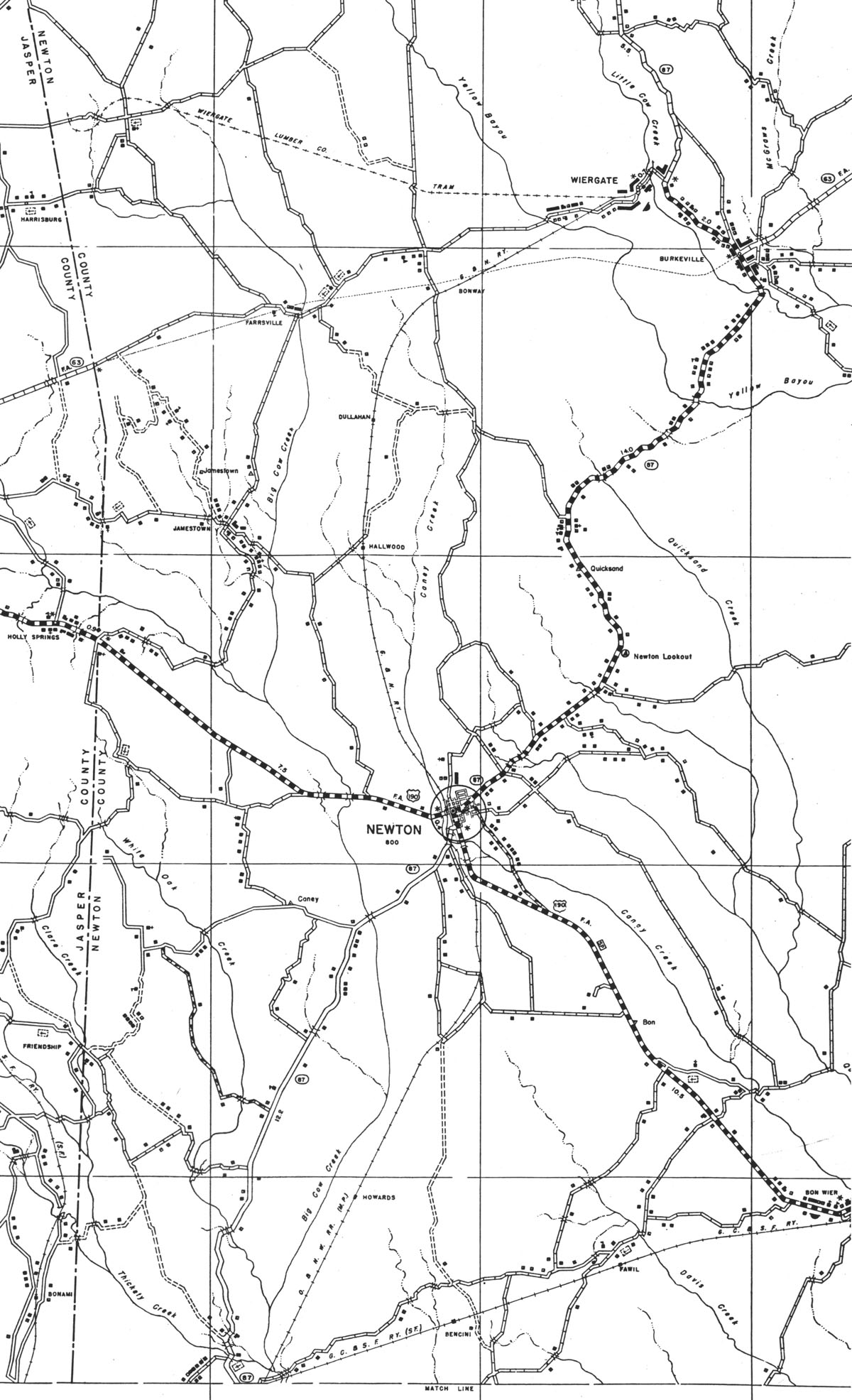 Gulf & Northern Railroad Company, Wier Long Leaf Lumber Company (Tex.). Map showing G&N mainline and Wier Long Leaf tram in 1936.