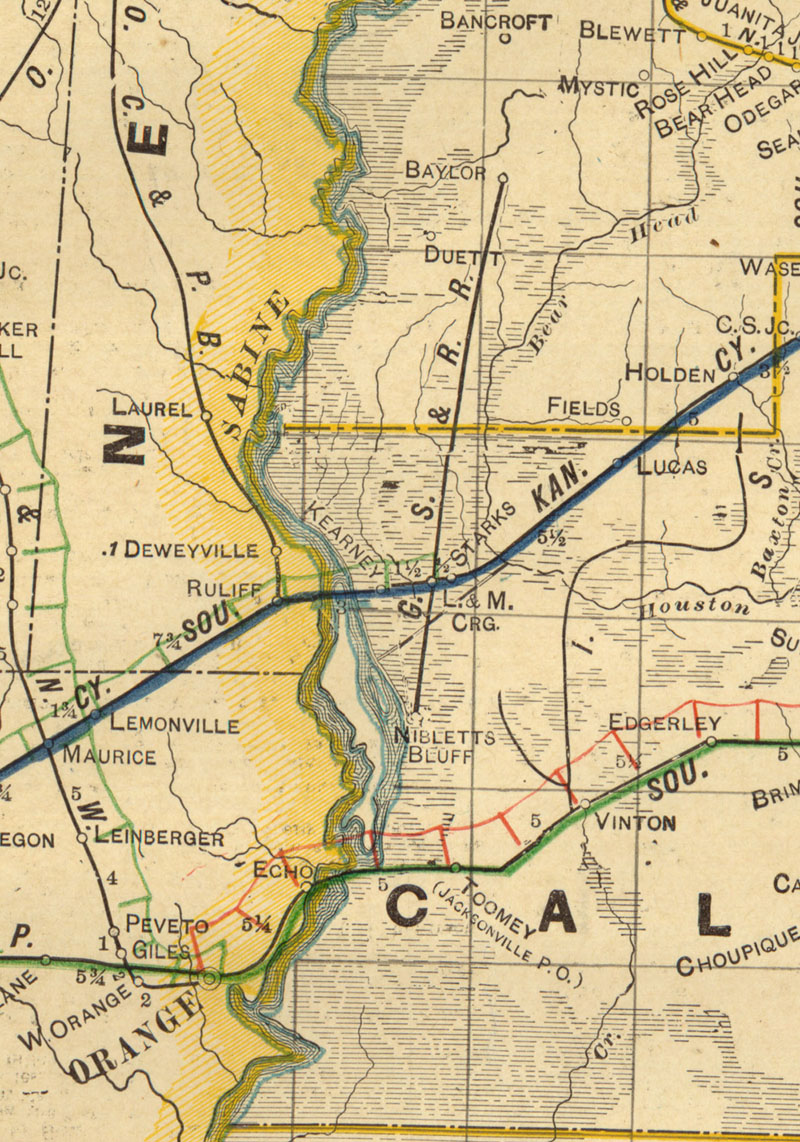 Gulf, Sabine & Red River Railroad, Map Showing Route in 1913.