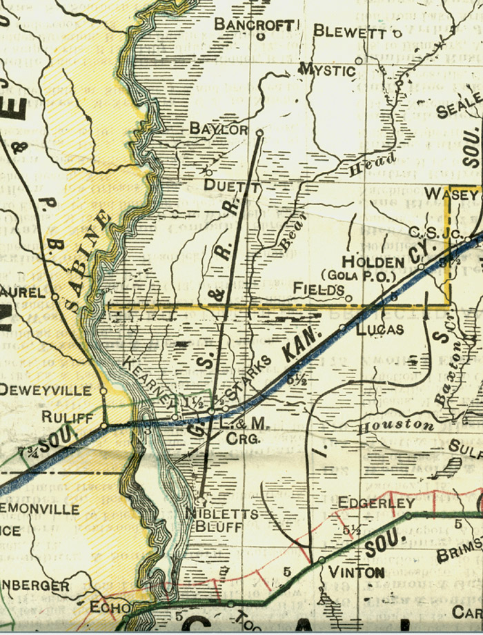 Gulf, Sabine & Red River Railroad, Map Showing Route in 1914.
