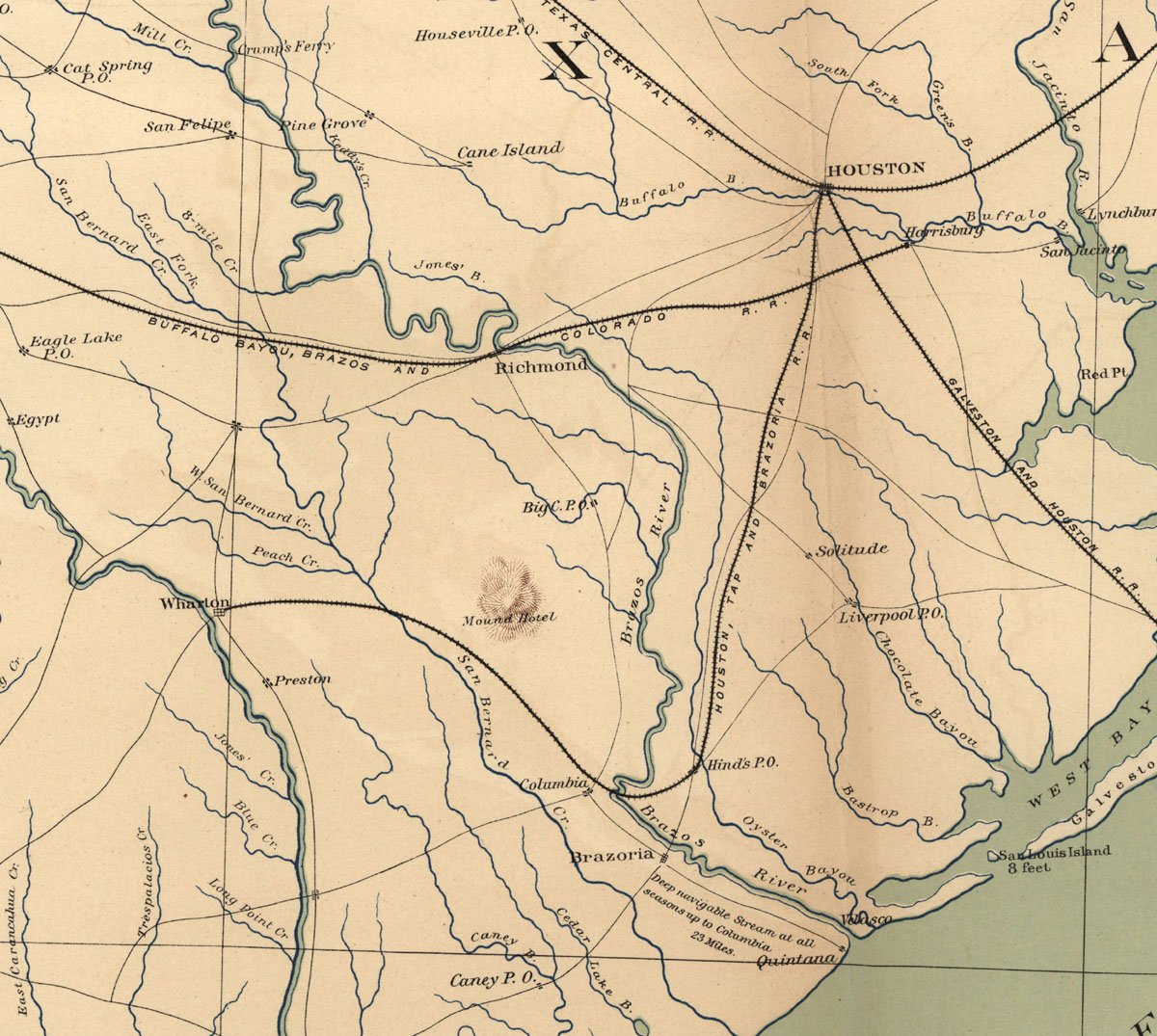 Houston Tap & Brazoria Railway Company (Tex.), map showing route circa 1865.