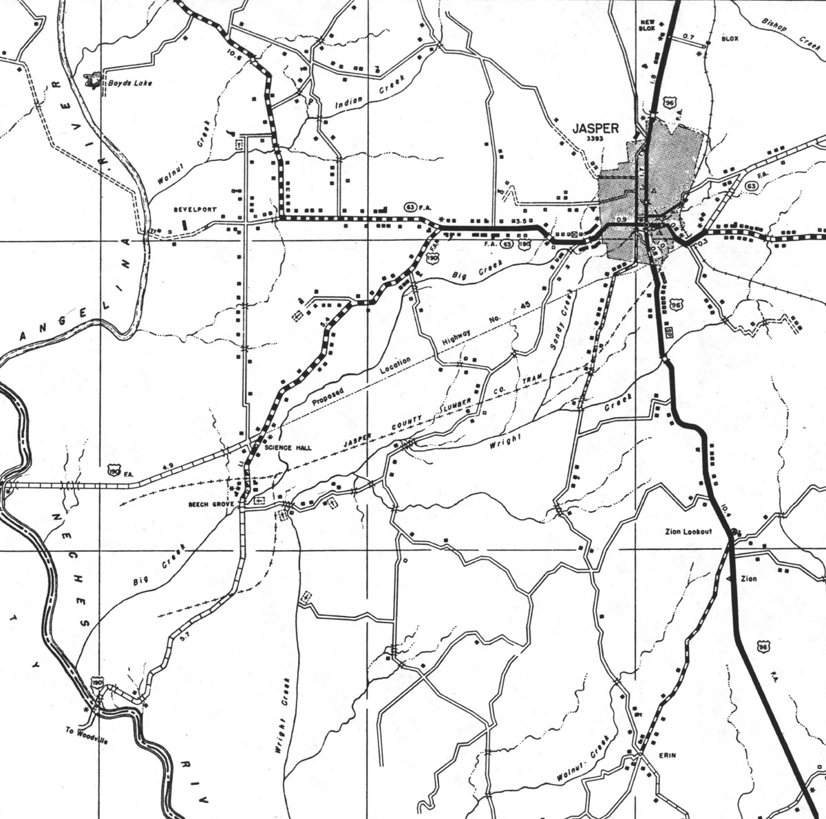Jasper Lumber Company (Tex.), Map Showing Tram in 1936.