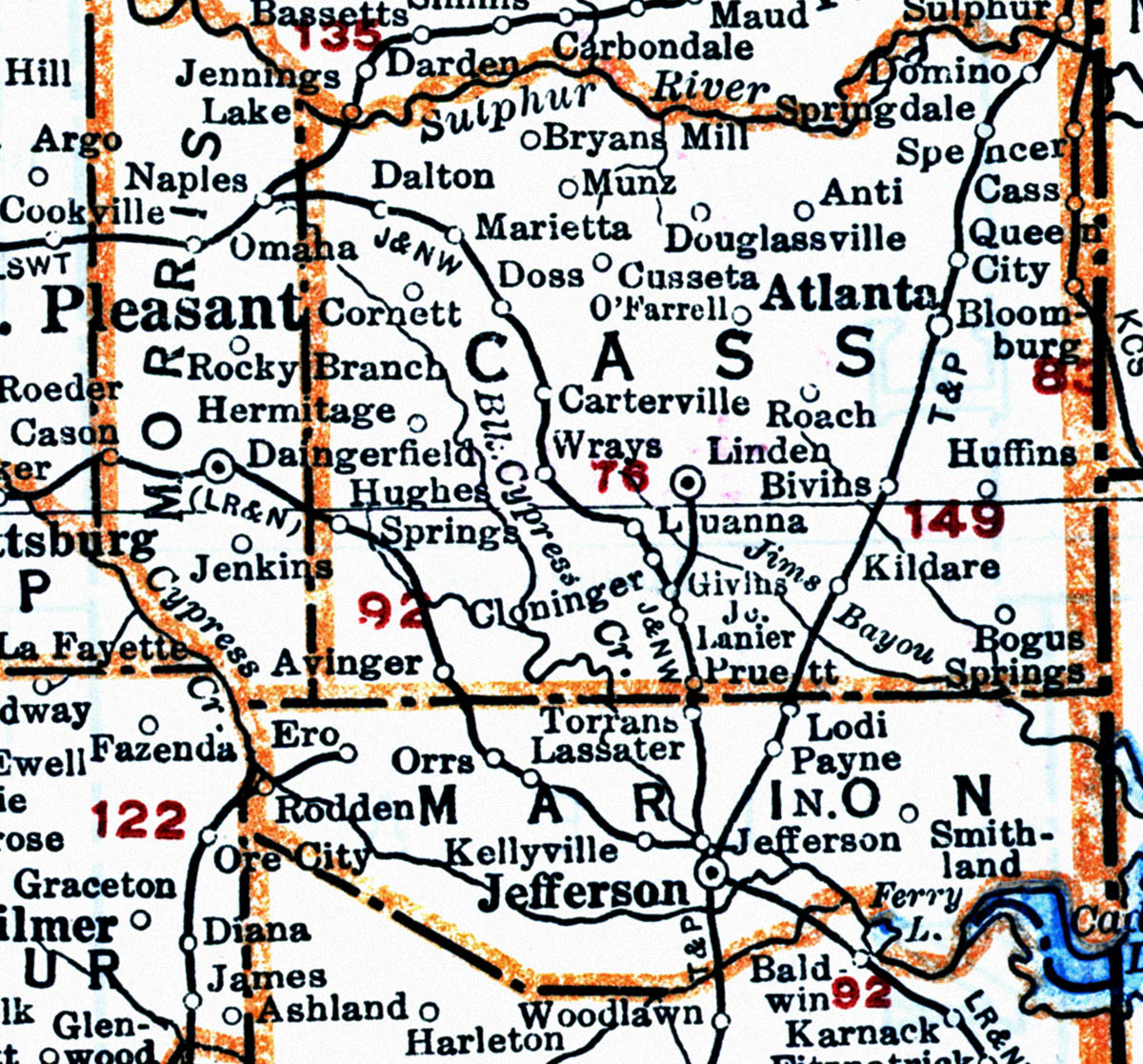 Jefferson & Northwestern Railway Company (Tex.), Map Showing Route in 1930.