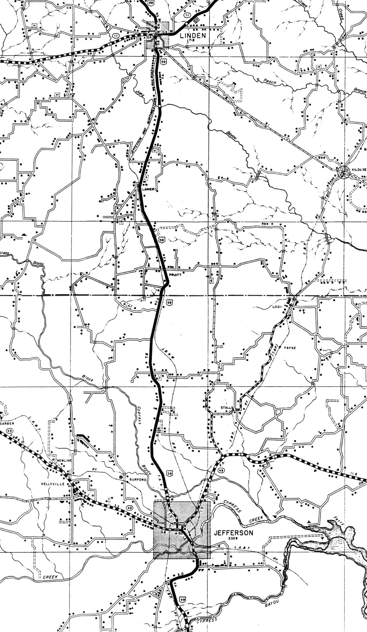 Jefferson & Northwestern Railroad Company (Tex.), map showing route in 1936.