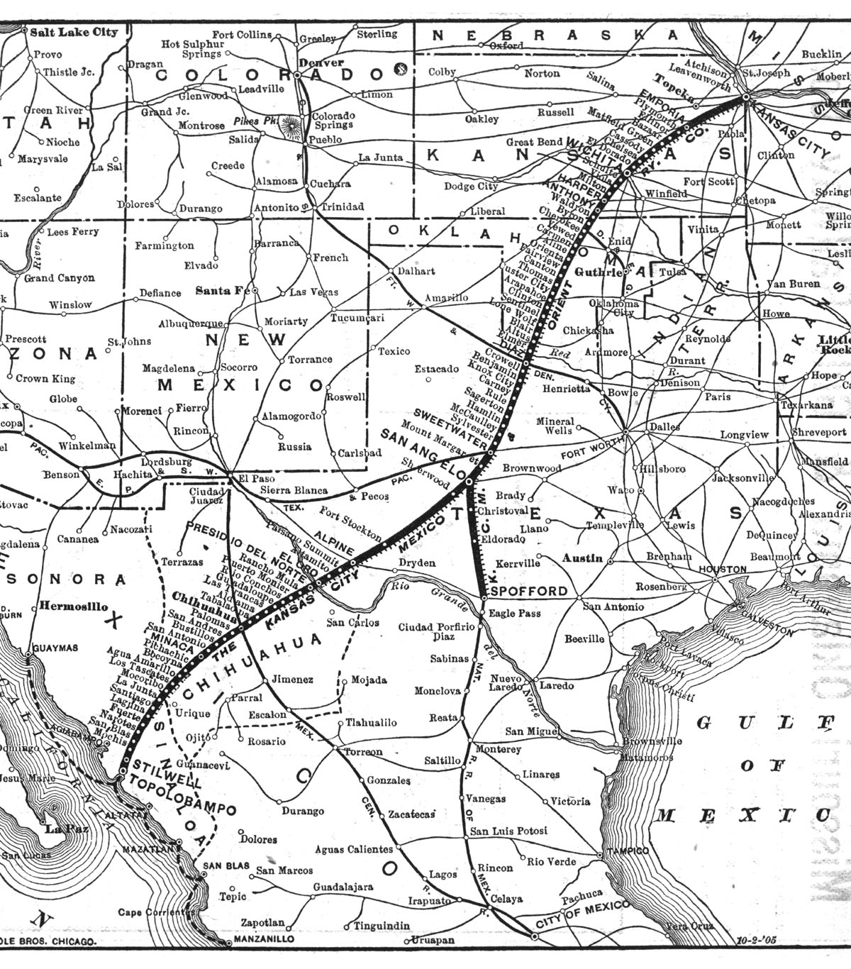 Kansas City, Mexico & Orient Railway Company (Kans., Okla., Tex., Mex.), Public Timetable and Map Showing Route in 1906.