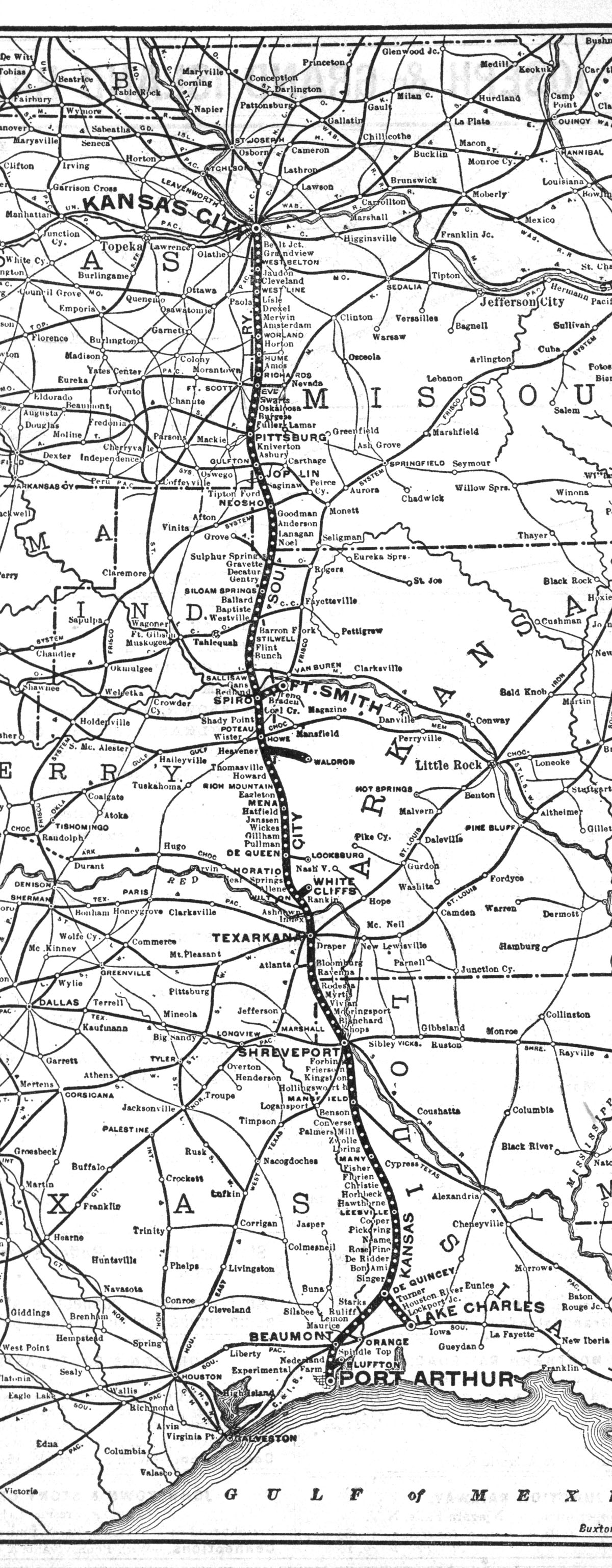 Kansas City Southern Railway Company (Mo., La., Ark., Tex.), Public Timetable and Map Showing Route in 1906.
