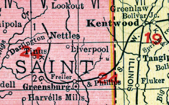 Kentwood, Greensburg & Southwestern Railroad Company (La.), Map Showing Route in 1908.