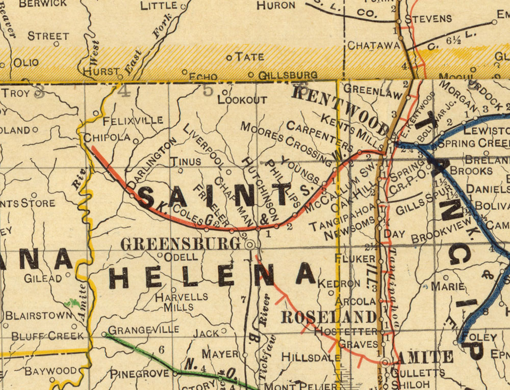 Kentwood, Greensburg & Southwestern Railroad (La.) , Map Showing Route in 1913.