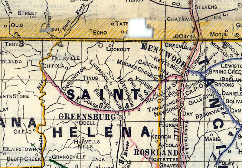 Kentwood, Greensburg & Southwestern Railroad (La.) , Map Showing Route in 1914.