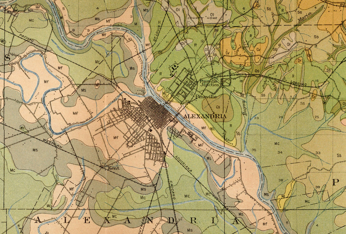Alexandria and Pineville, Louisiana, Map Showing Railroads and Trams in 1916.