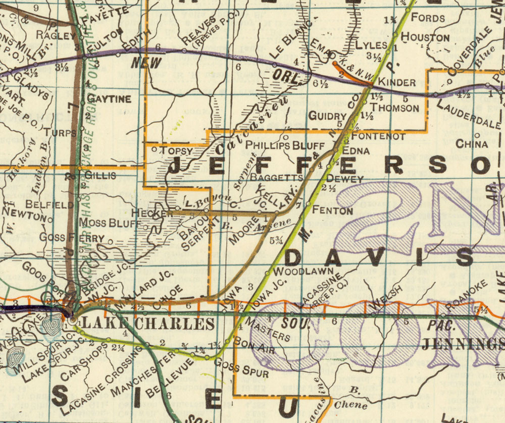 Lake Charles Railway & Navigation Company (La.), Map Showing Route in 1913.