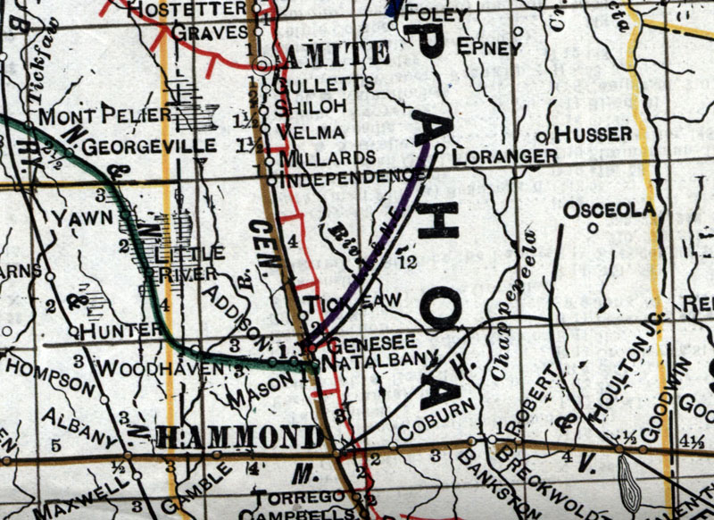 Loranger, Louisiana & Northeastern Railroad Company (La.), Map Showing Route in 1920.