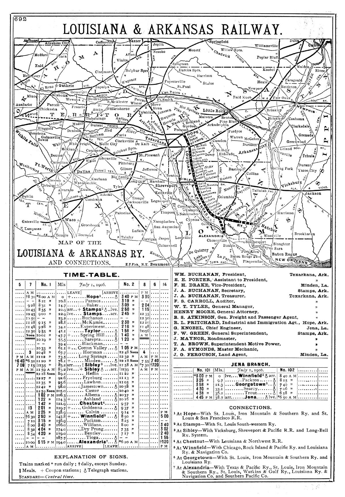 Louisiana & Arkansas Railway Company (Ark., La., Miss.), Public Timetable and Map Showing Route in 1906.