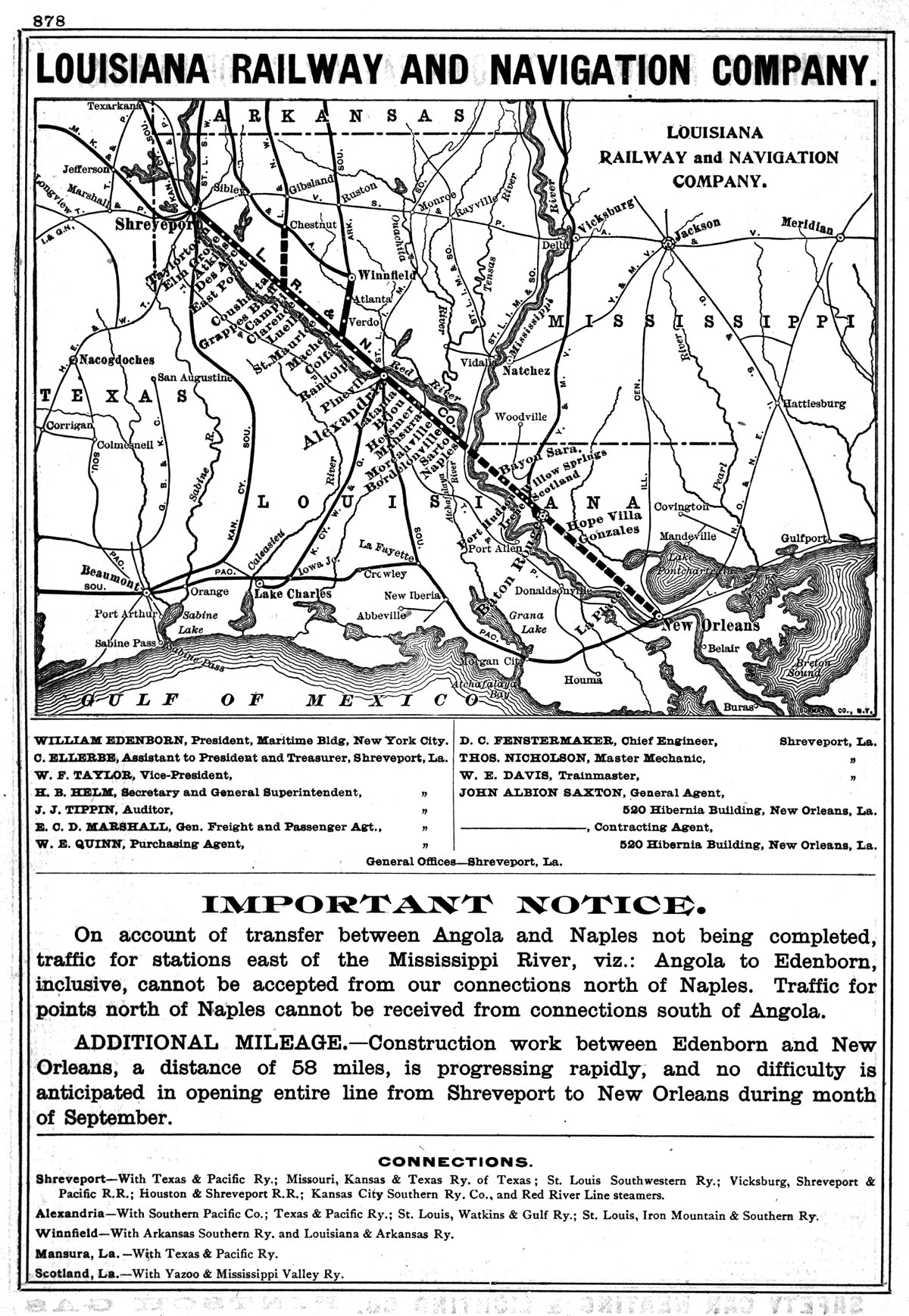 Louisiana Railway & Navigation Company, Public Timetable and Map Showing Route in 1906.