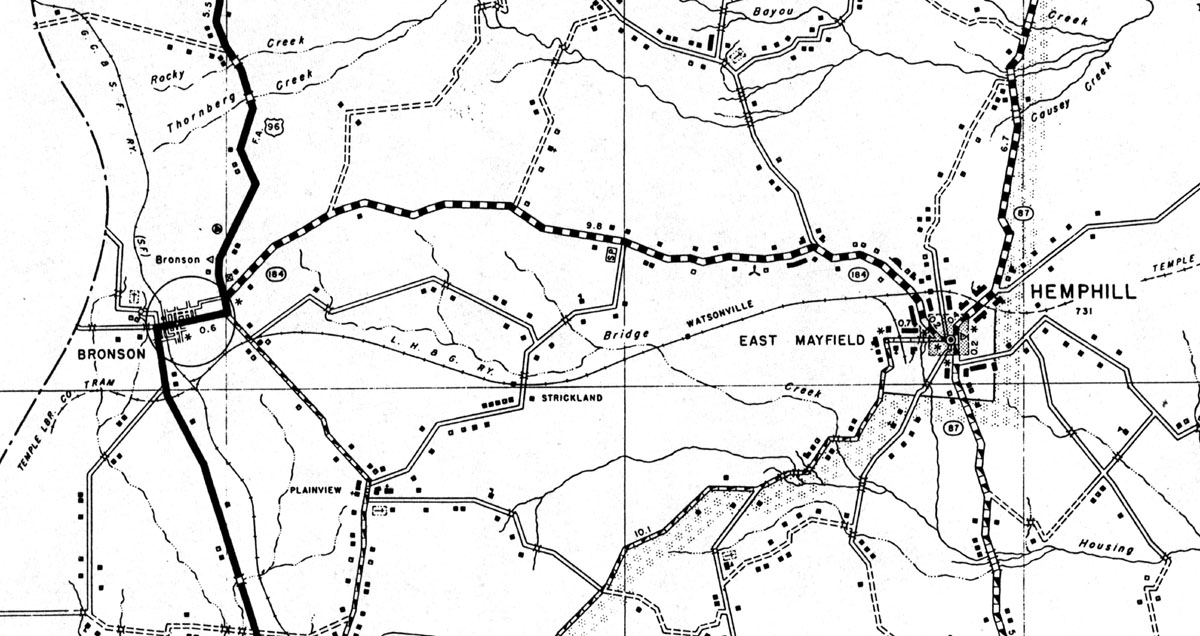 Lufkin, Hemphill & Gulf Railway (Tex.), map showing route 1936.