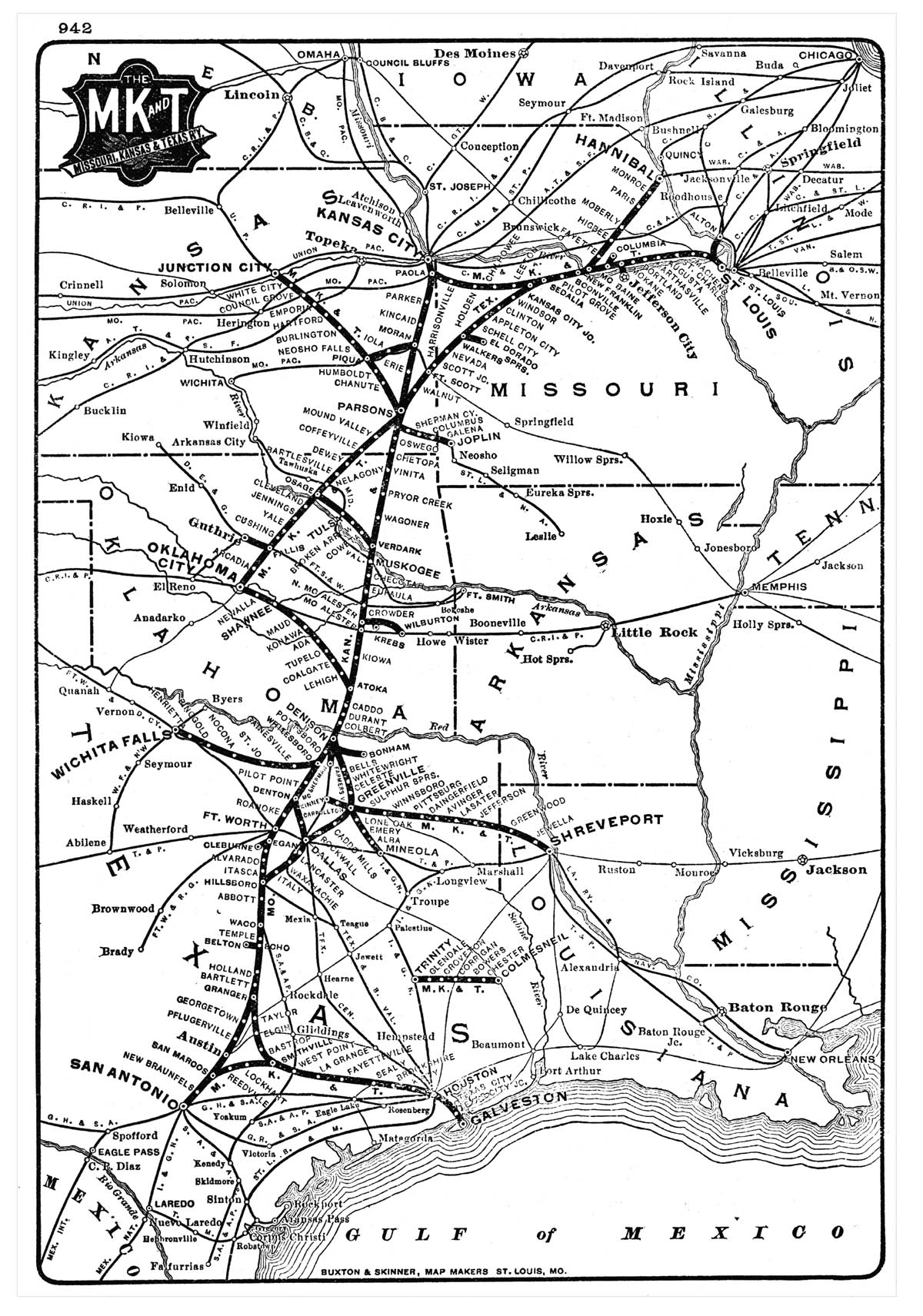 Missouri, Kansas & Texas Railway Company, Station Reference Map Showing Route in 1910.