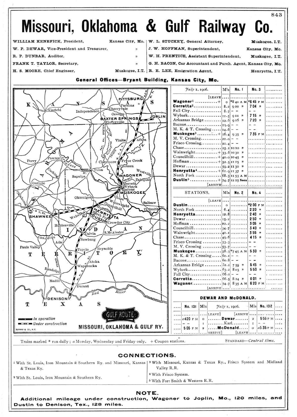Missouri, Oklahoma & Gulf Railway Company (Okla., Tex.), Public Timetable and Map Showing Route in 1906.
