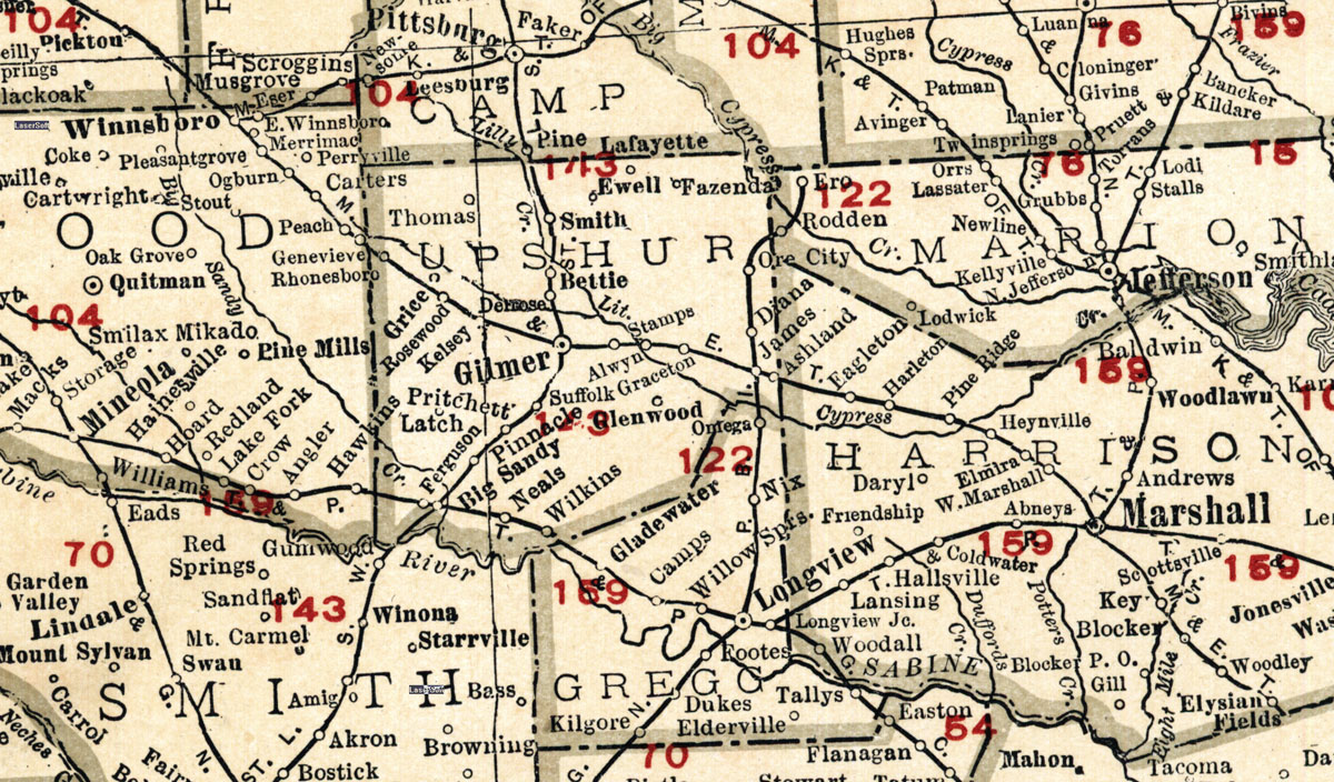 Marshall & East Texas Railway Company (Tex.), Map Showing Route in 1923.