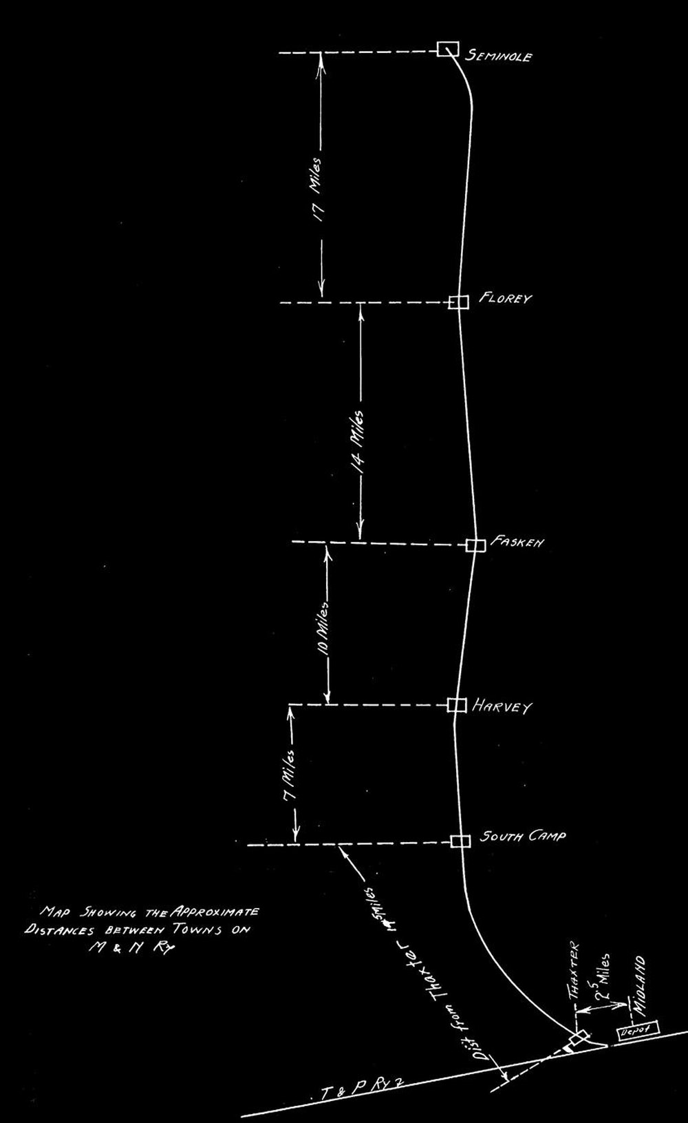 Midland & Northwestern Railroad Company (Tex.), Station and Mileage Reference Map for 1917.