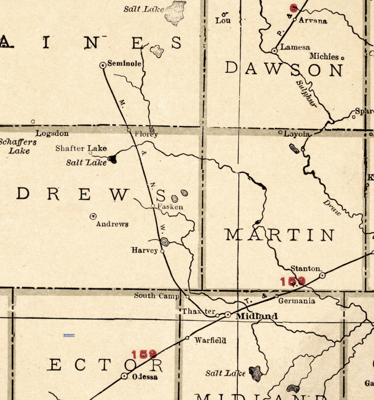 Midland & Northwestern Railroad Company (Tex.), Map Showing Route in 1922.