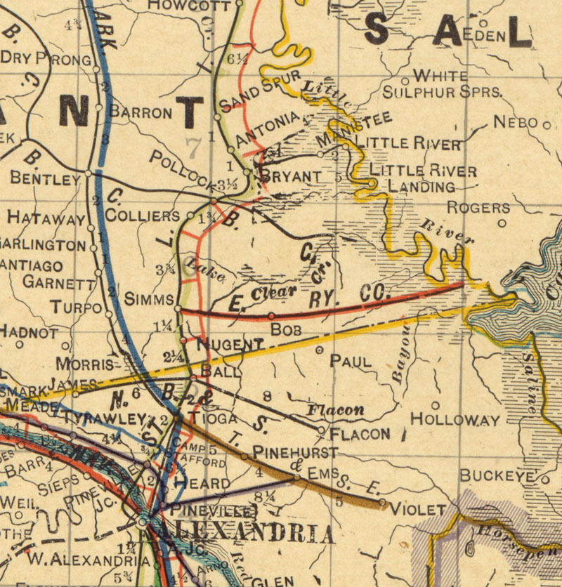 Mill Creek & Little River Railway & Navigation Company (La.), map showing route in 1913.