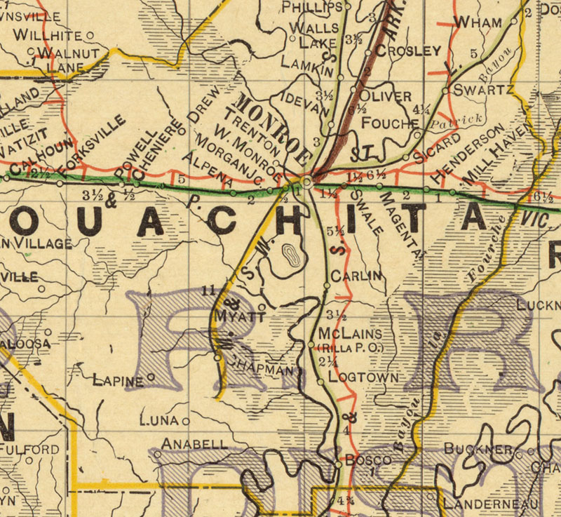 Monroe & Southwestern Railway Company (La.), Map Showing Route in 1913.