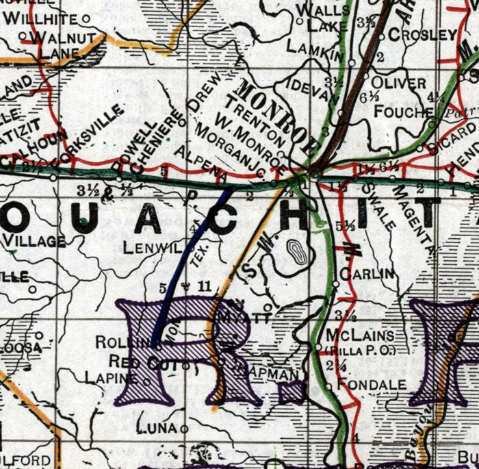 Monroe & Southwestern Railway Company (La.), Map Showing Route in 1920.