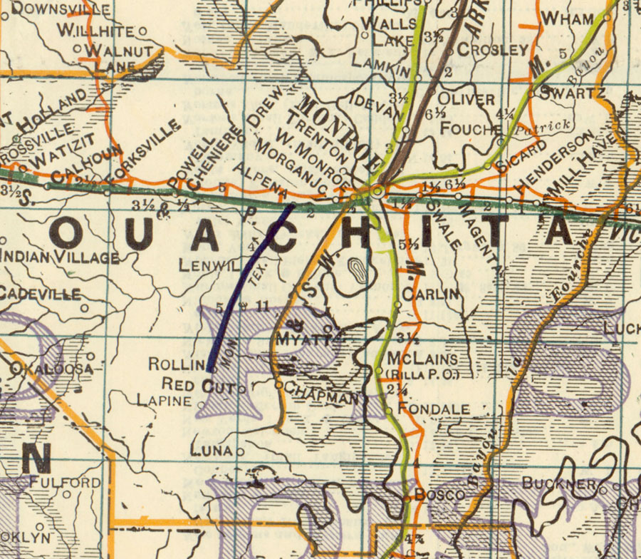 Monroe & Texas Railroad Company (La.), Map Showing Route in 1920.