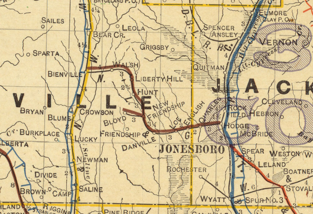 North Louisiana & Gulf Railroad Company (La.), Map Showing Route in 1913.