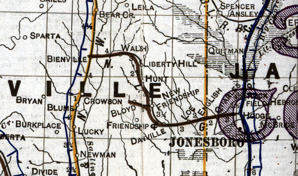 North Louisiana & Gulf Railroad Company (La.), Map Showing Route in 1920.