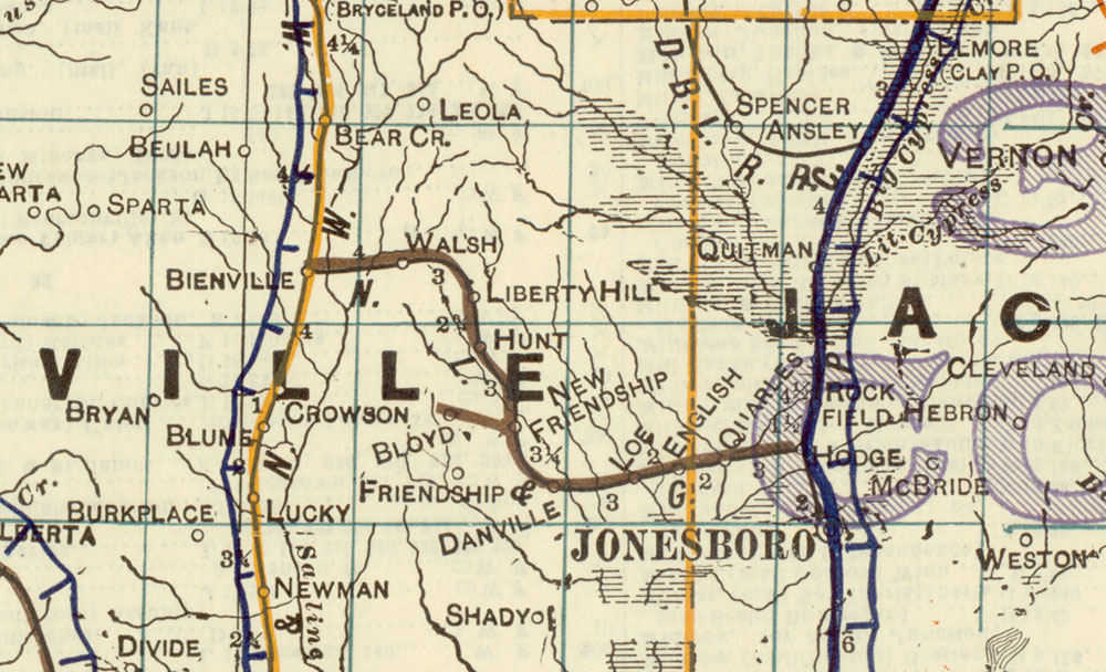North Louisiana & Gulf Railroad Company (La.), Map Showing Route in 1922.