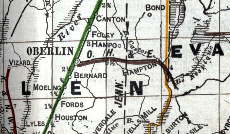 Oberlin, Hampton & Eastern Railroad Company, Map Showing Route in 1920.