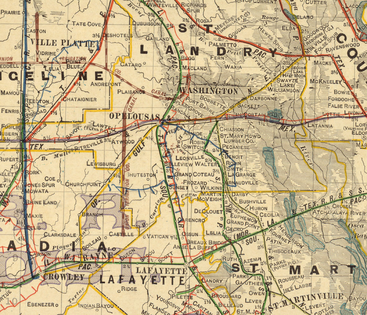 Opelousas, Gulf & Northeastern Railway Company (La.), Map Showing Route in 1913.