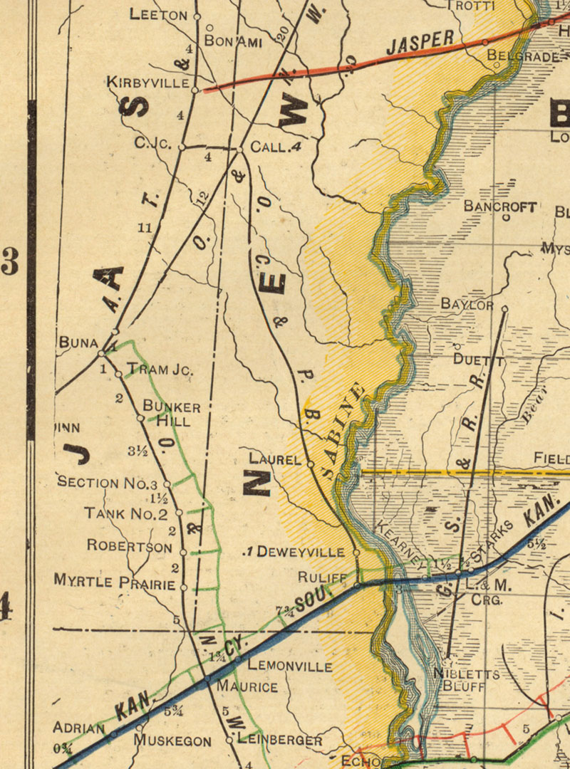 Orange, Call & Pine Belt Railroad Company (La.), Map Showing Route in 1913.