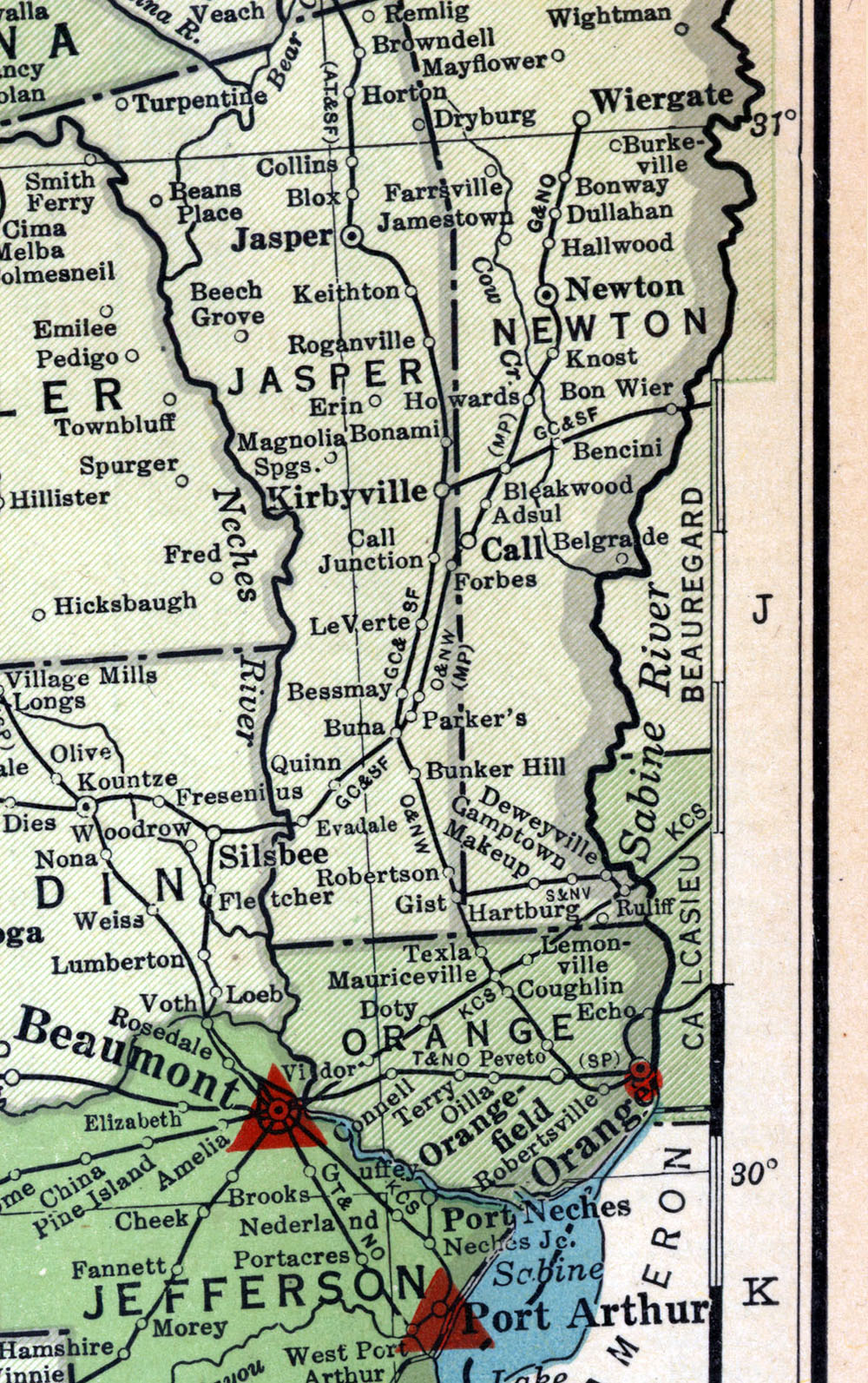 Orange & Northwestern Railroad Company (Tex.), map showing route in 1937.