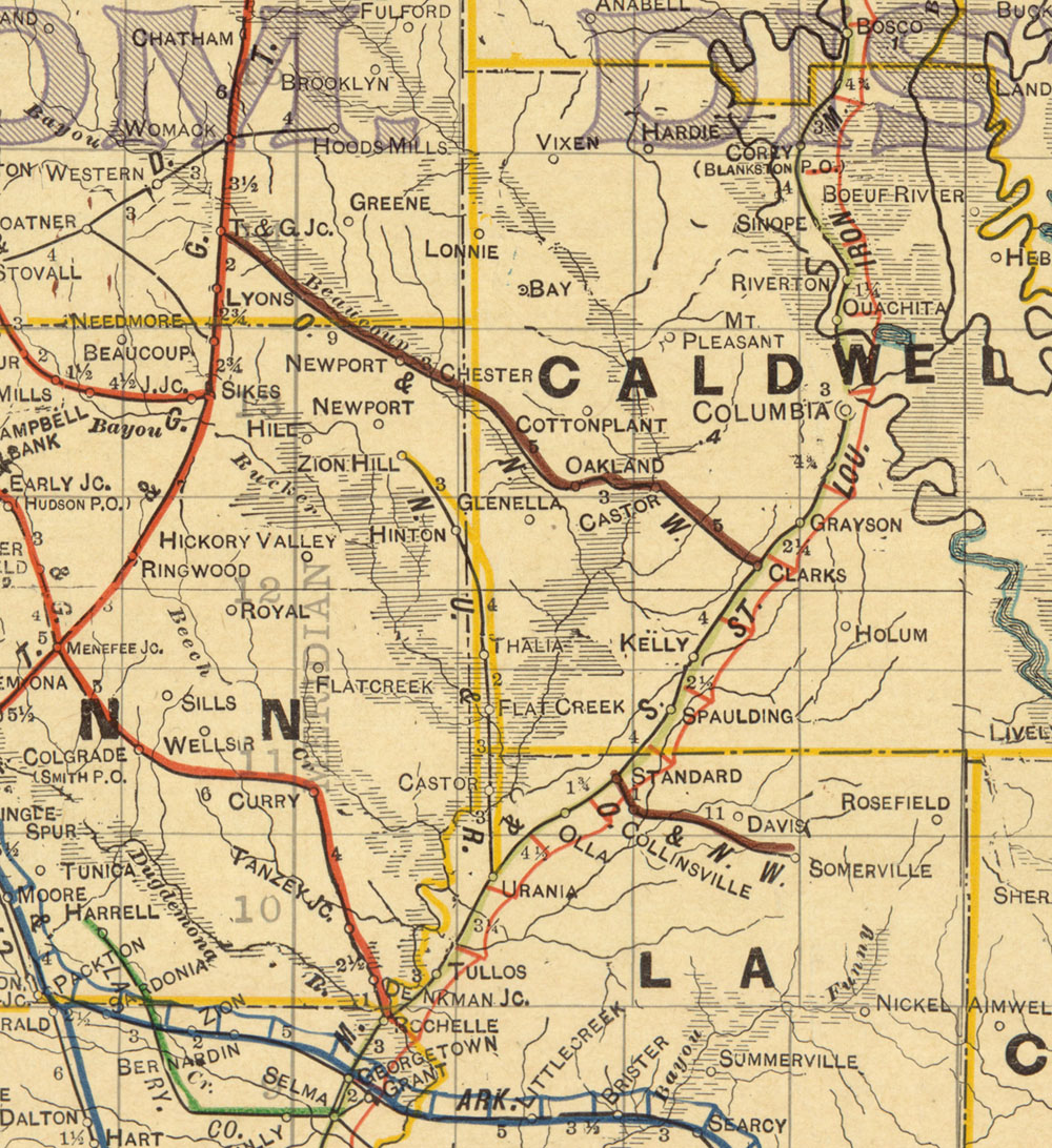 Ouachita & Northwestern Railroad Company (La.), Map Showing Route in 1913.