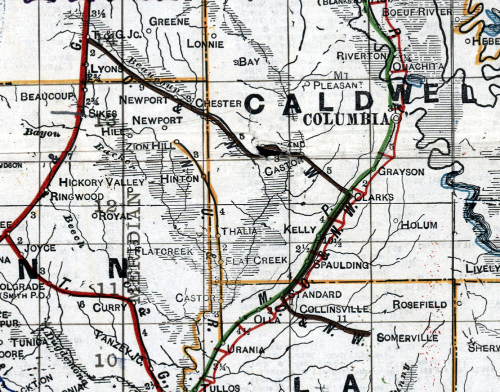 Ouachita & Northwestern Railroad Company (La.), Map Showing Route in 1920.