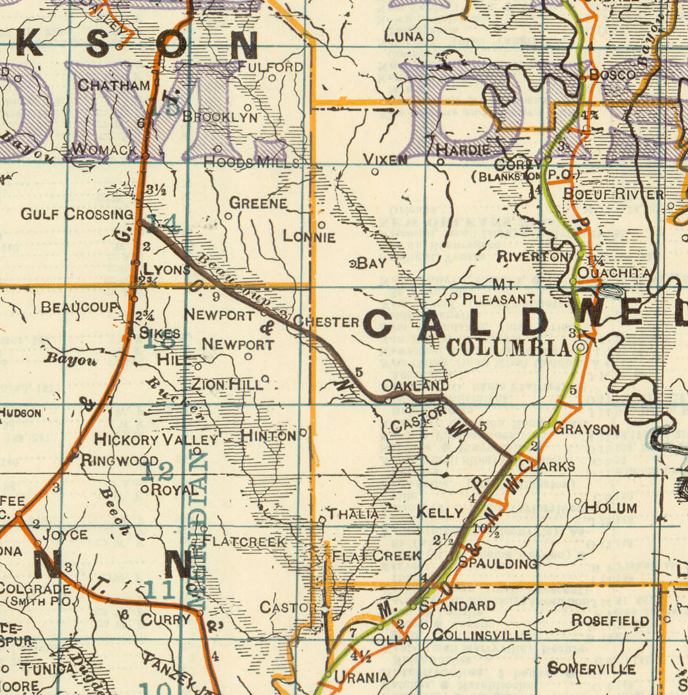 Ouachita & Northwestern Railroad Company (La.), Map Showing Route in 1922.