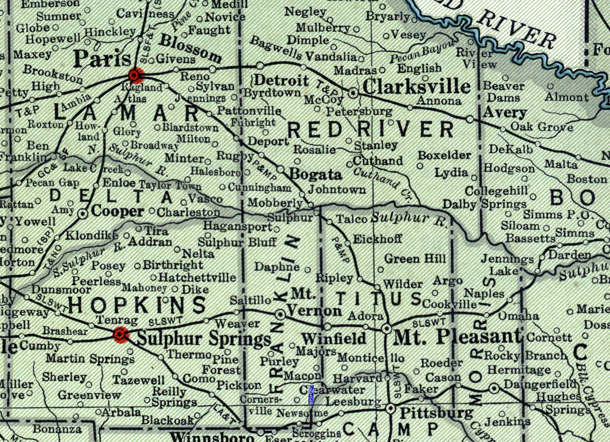 Paris & Mount Pleasant Railroad Company (Tex.), map showing route in 1937.